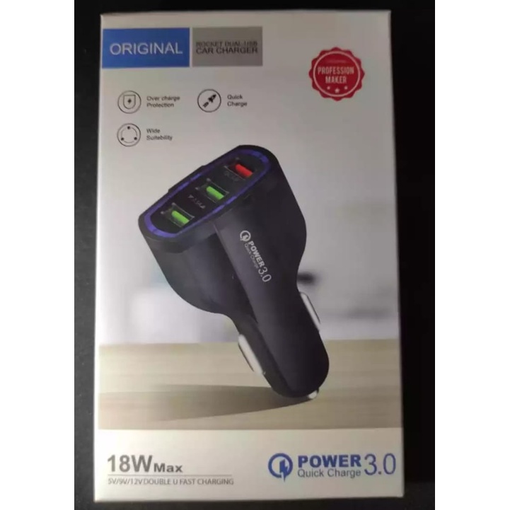 Car Charger Qualcomm 3.0 Quick Fast Charging Qualcomm 3.0 Batok Saver Cas hp Mobil Motor 3 Port Charger Mobil Batok Charger 3 USB Fast Charging Quick Charging Batok Saver / 3 Port USB Car Charger Super Fast Charging 3.1A Qualcomm