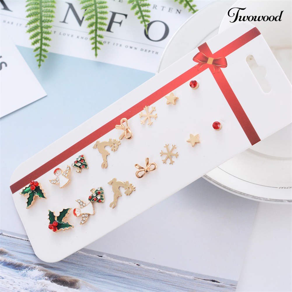 8 Pasang Anting Stud Desain Pohon Natal Rusa Snowflake Gingerbread Man