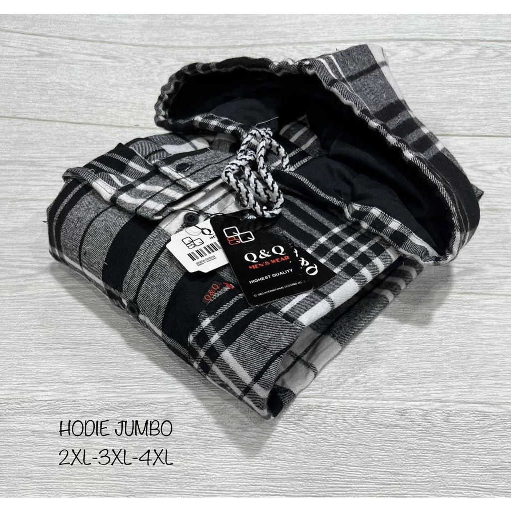 Kemeja Flanel Hoodie Jumbo/Kemeja Flanel Hoodie Pria Distro Kupluk big size  2XL 3XL 4XL LD 120/Keme