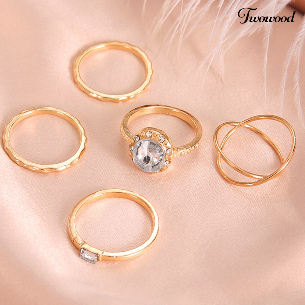 5pcs / Set Cincin Jari Cubic Zirconia Bentuk Bulat Silang Untuk Wanita