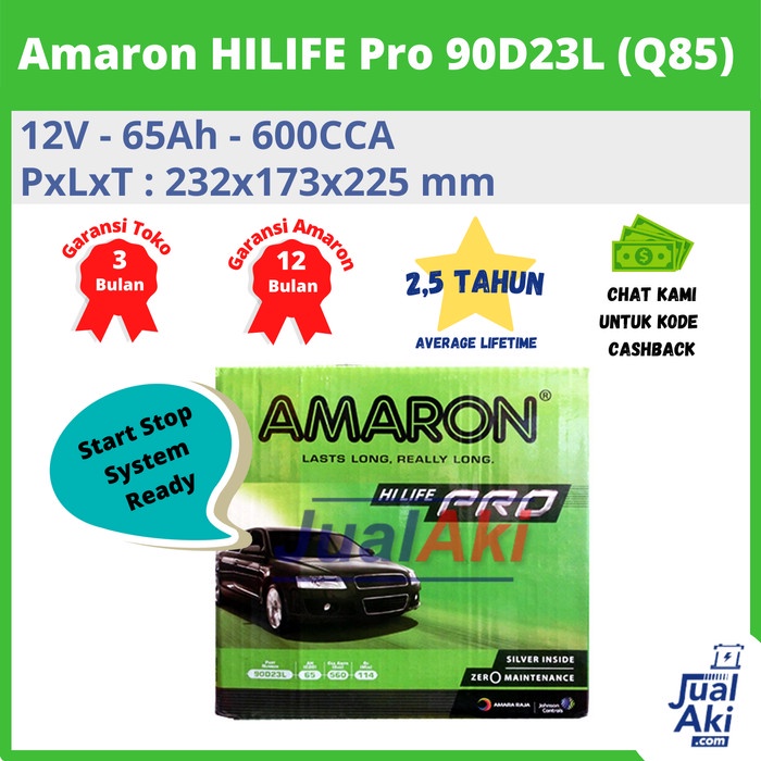 Aki Mobil MAZDA 2 SKYACTIVE Q85 / 90D23L Amaron Hi-Life 12V / 65Ah