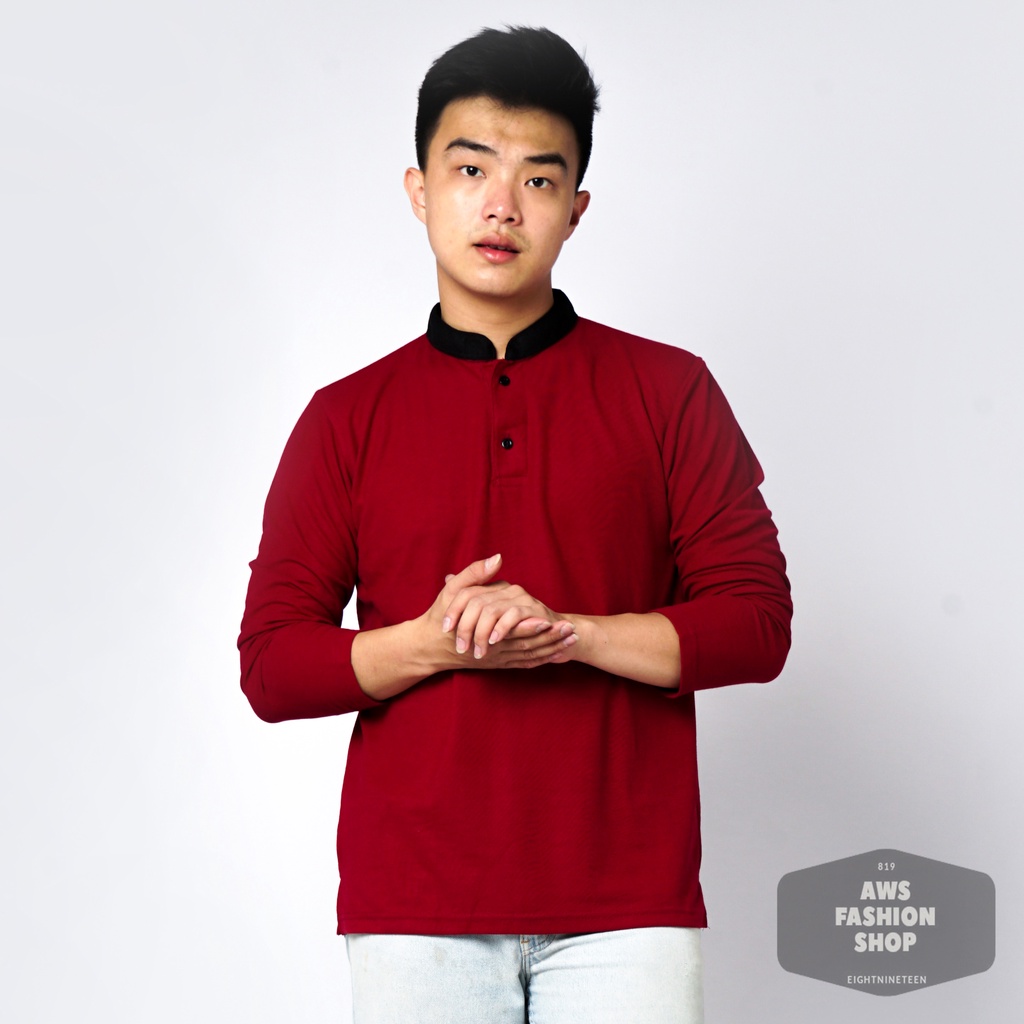 819 Kaos Polo Pria Polo Shirt Kerah Shanghai Lengan Panjang Warna Merah Maroon Red Casual Tersedia Ready Sampai Size JUMBO BIG SIZE XXL XXXL