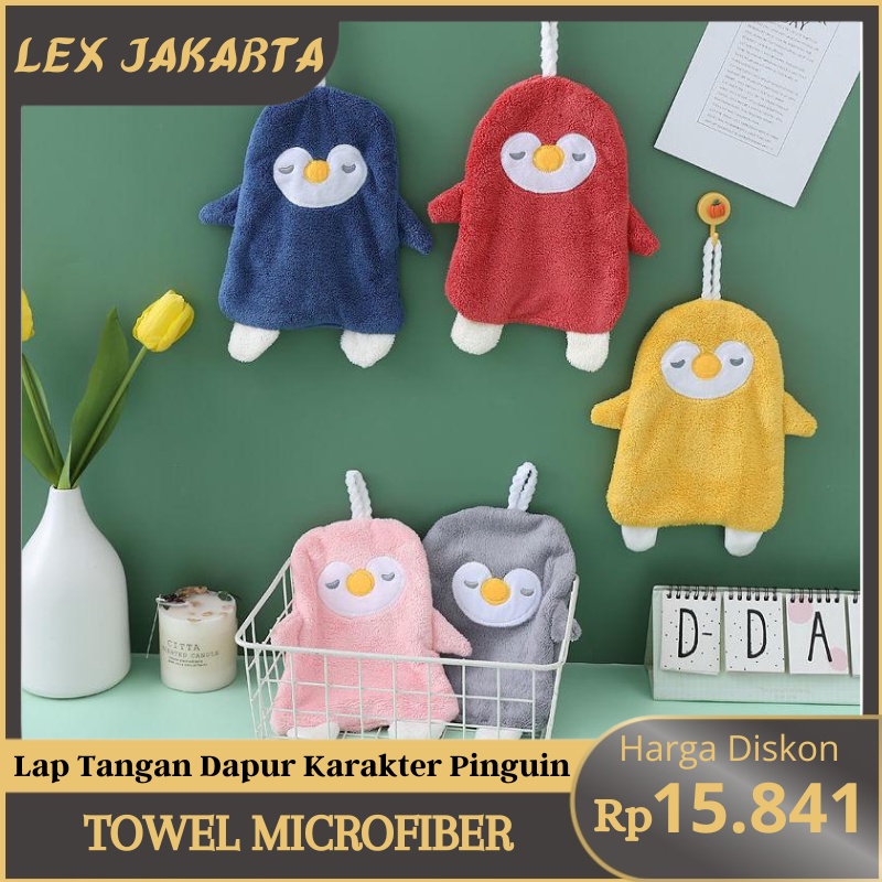 LEXJAKARTA  Kain Lap Tangan Karakter Pinguin Lucu Dan Unik / Lap Tangan Microfiber / Lap Tangan Gantung / Handuk Tangan / Lap Tangan Handuk / Kain Lap Serbet Dapur