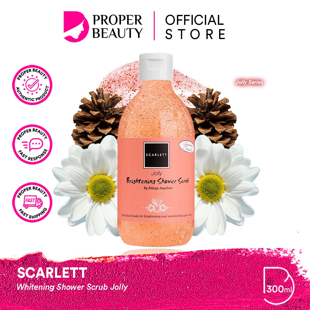 SCARLETT Whitening Brightening Shower Scrub Jolly Indonesia / 300ml / By Felicya Angelista / Special Made For Brightening And Moisturizing Skin / Glutathione Vitamin E / Body Care / Perawatan Kulit Tubuh / Sabun Mandi / Treatment Skincare Series Paket Set