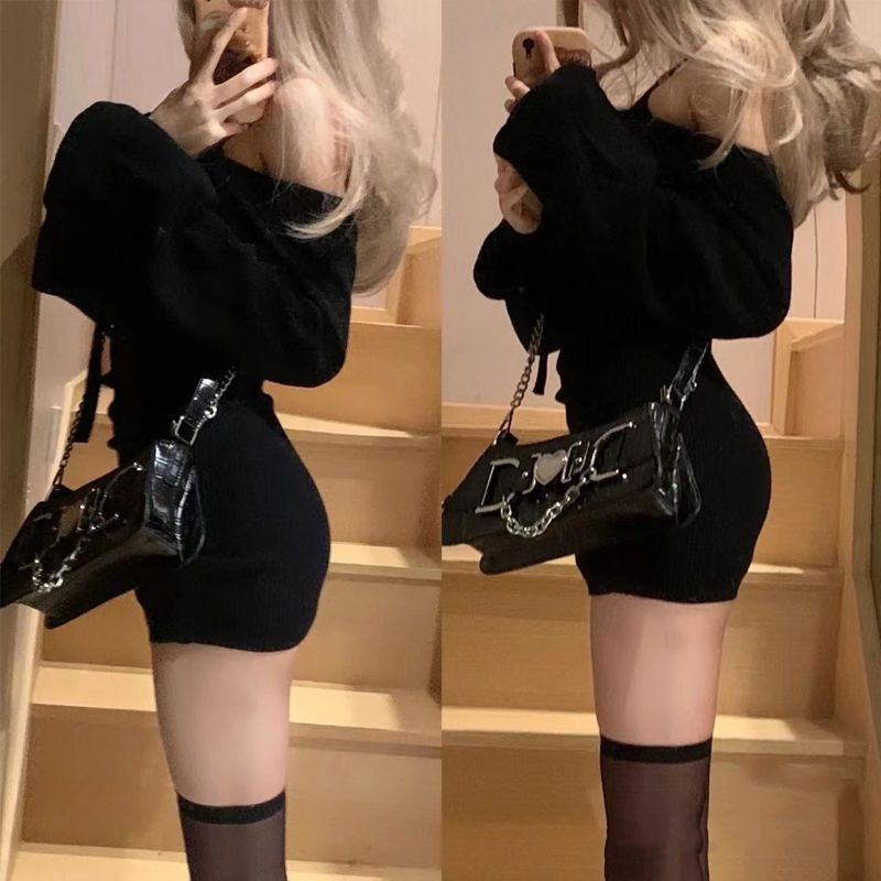 Suhao murni keinginan gaya hitam hot girl dress wanita musim gugur baru satu kata kerah strapless lengan panjang slim-fit rok pendek dengan pinggul