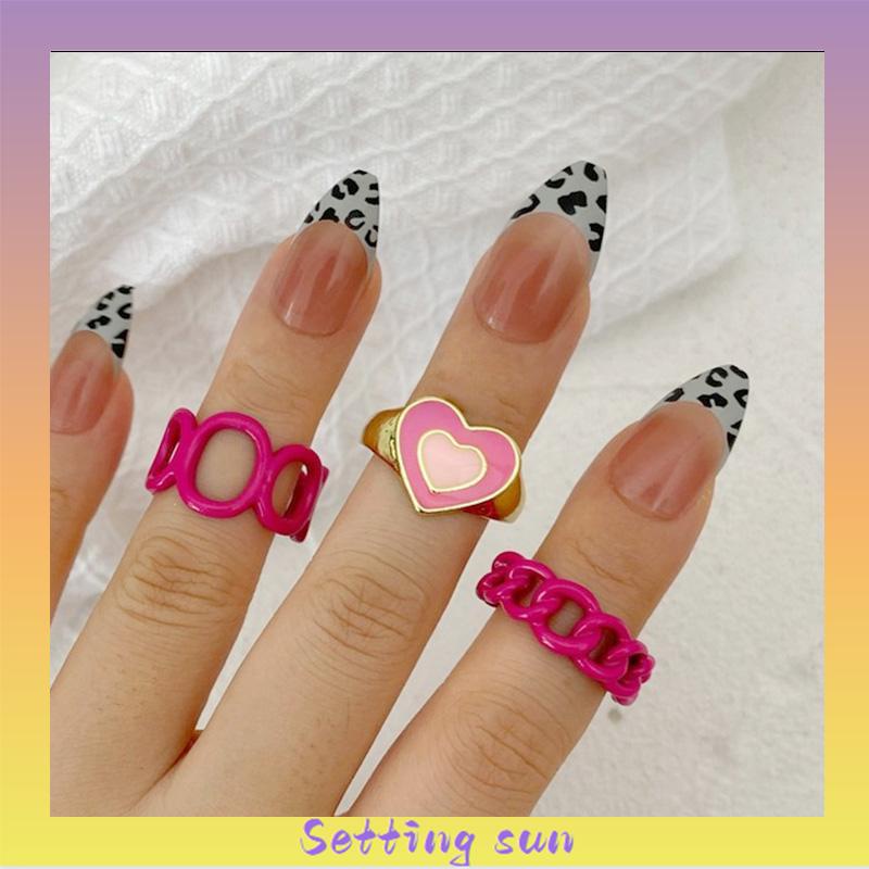 3PCS Heart Geometry Rings Cincin Geometri Jantung Cincin Mode Menetes Minyak yang Dapat Disesuaikan untuk Aksesoris Perhiasan Wanita TN