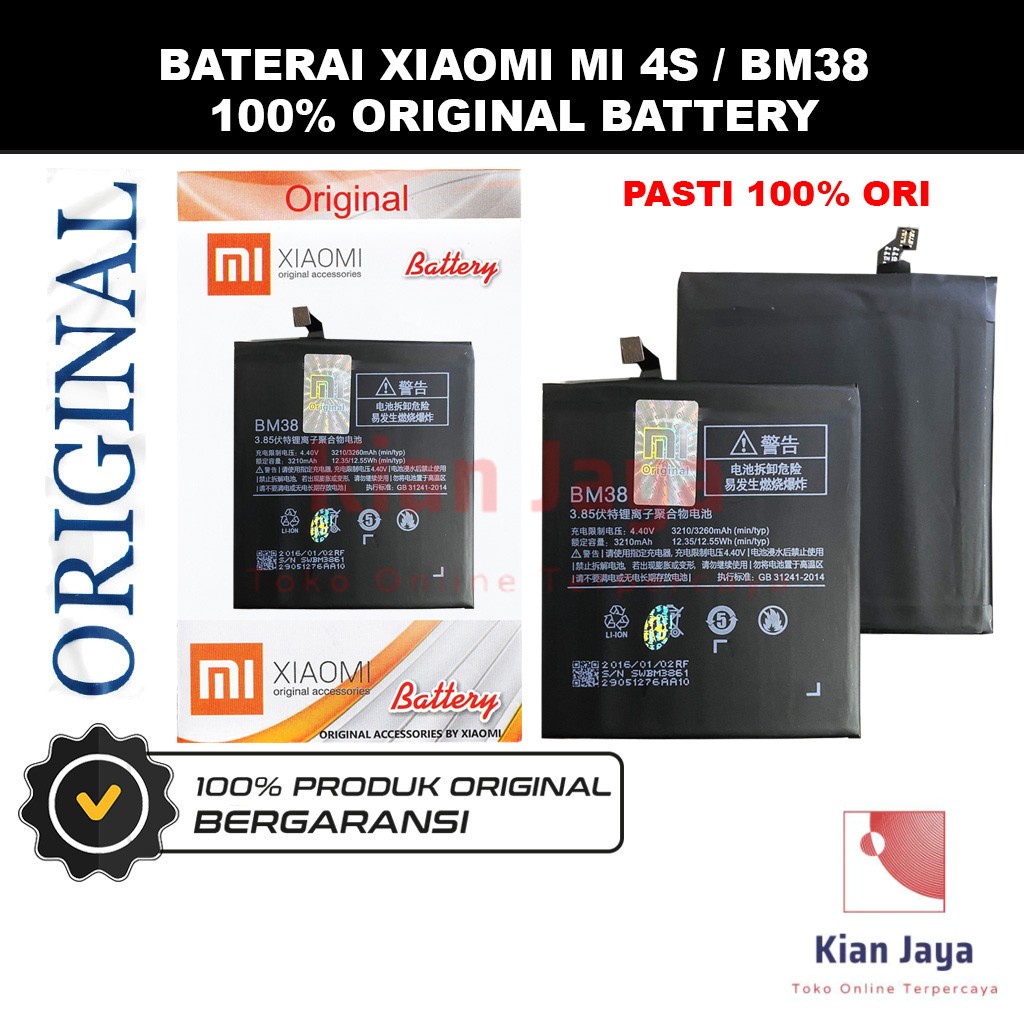 [Garansi 100% Ori] Baterai Xiaomi Mi 4S / BM38 Batre Batrai Battery Hp Mi4s BM 38 Original