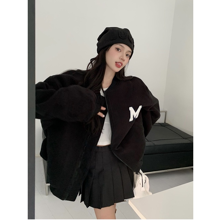 Red American letter bordir bisbol seragam kardigan sweater wanita musim gugur dan musim dingin plus beludru menebal kuliah gaya longgar ceruk atas tren