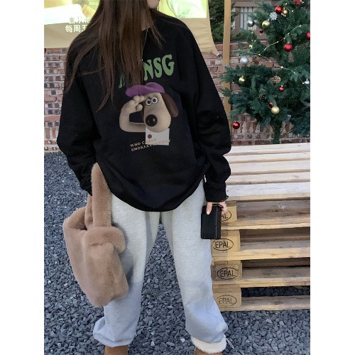 EUNII Sweater Lengan Panjang Cartoon Saluting Dog Korean Style/Hoodie Oversize/Baju Wanita/Switer Wanita