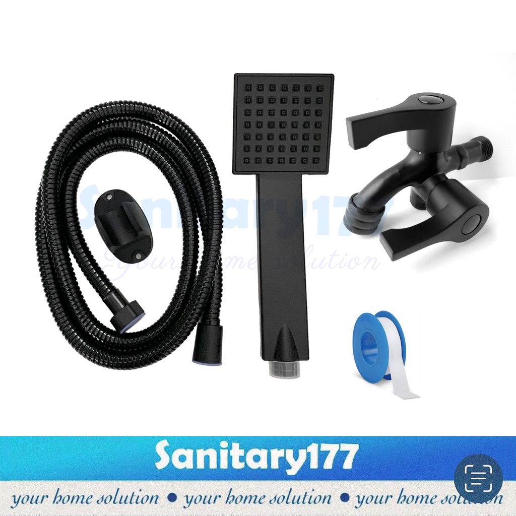 Paket Hand shower KOTAK HITAM 3017-51B- Handshower mandi set abu gray grey semprotan sower mandi dan kran cabang BLACK