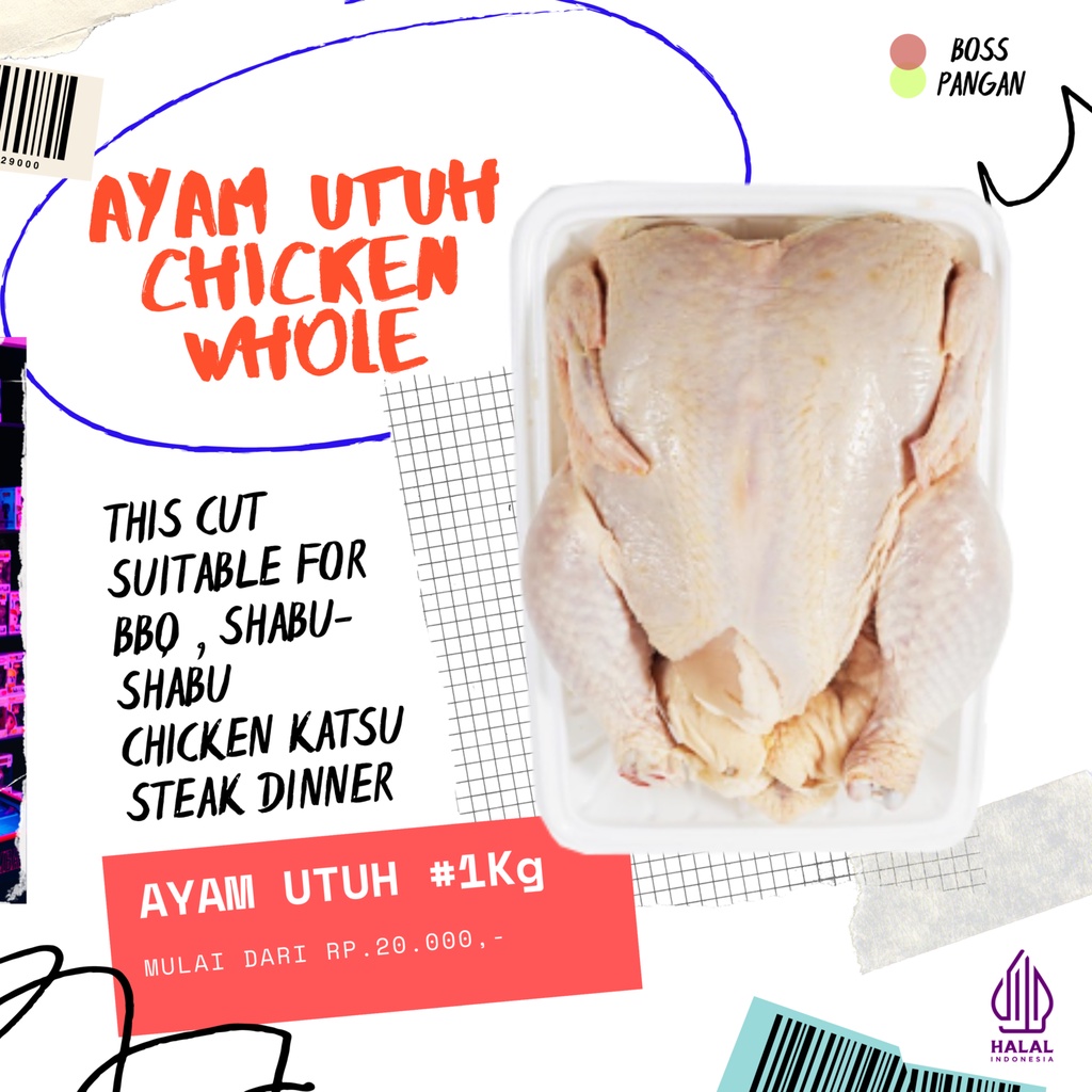 

Ayam Broiler Utuh / Chicken Whole / Karkas Broiler - 1Kg Fresh Froozen