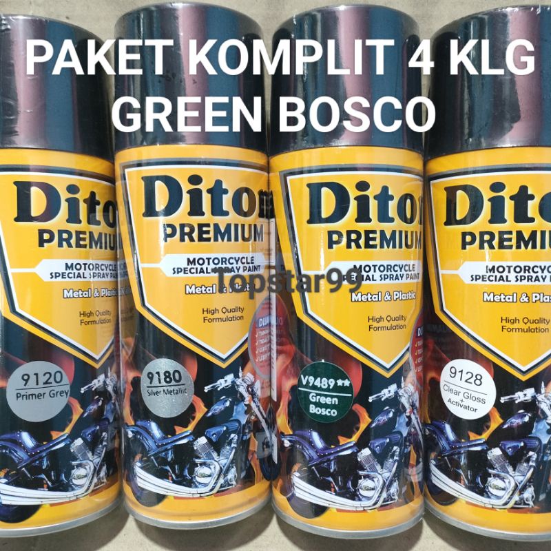 Pilok Cat Diton Premium Paket Lengkap 4 Kaleng Green Bosco Hijau tua metalik 9589 Primer Grey 9120 Silver Metalik 9180 Clear Gloss 9128 400cc Pilox Paketan Cat Semprot Special Spray Paint