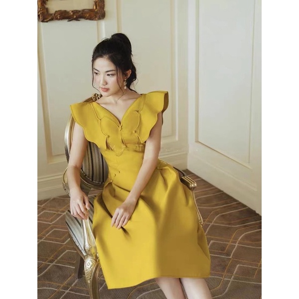 [Premium Series] 3D Butterfly Yellow Dress Import Premium ( Dress Kondangan Kupu Kupu )