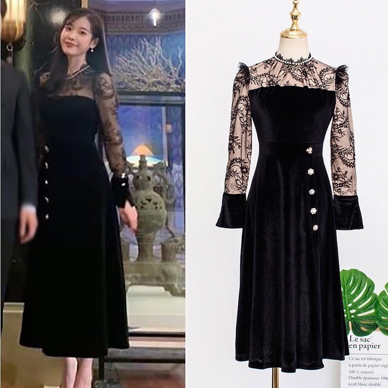 [Premium Actress Series] IU Lee Ji Eun LBD Black Velvet Dress with Lace Combination Import Premium