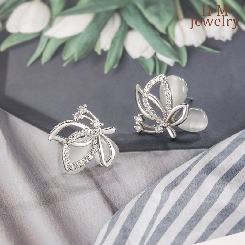 Butterfly Anting Tusuk Bentuk Kupu-Kupu Hias Batu Opal + Berlian Imitasi Elegan Berkilau Untuk Wanita