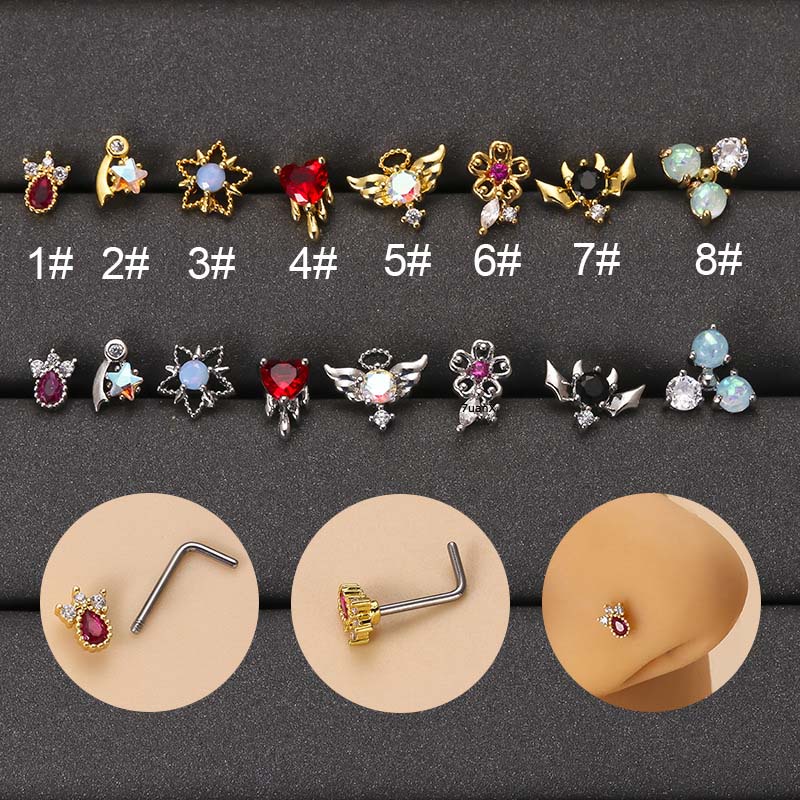 1pc Anting Tindik Hidungtubuh Bahan Stainless Steel Desain Hatibintangmalaikat 20 Gage Hias Zircon