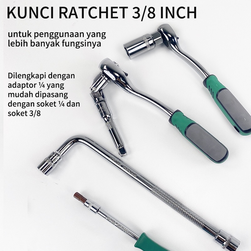 ISKU Kunci Sock Set 30 pcs Full Lengkap Socket Tool Kit Multifungsi 1/4 3/8 Mata Socket Ratchet Wrench 72 Gigi S2 Anti Karat Car Repair Tool Motor Mobil