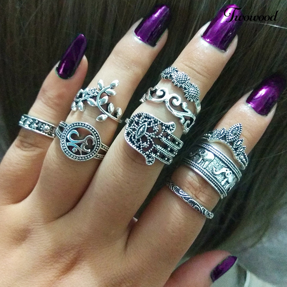 9 Pcs Cincin Knuckle Model Ukir Bunga Matahari Hamsa Hand of Fatima Hollow Gaya Retro Untuk Wanita