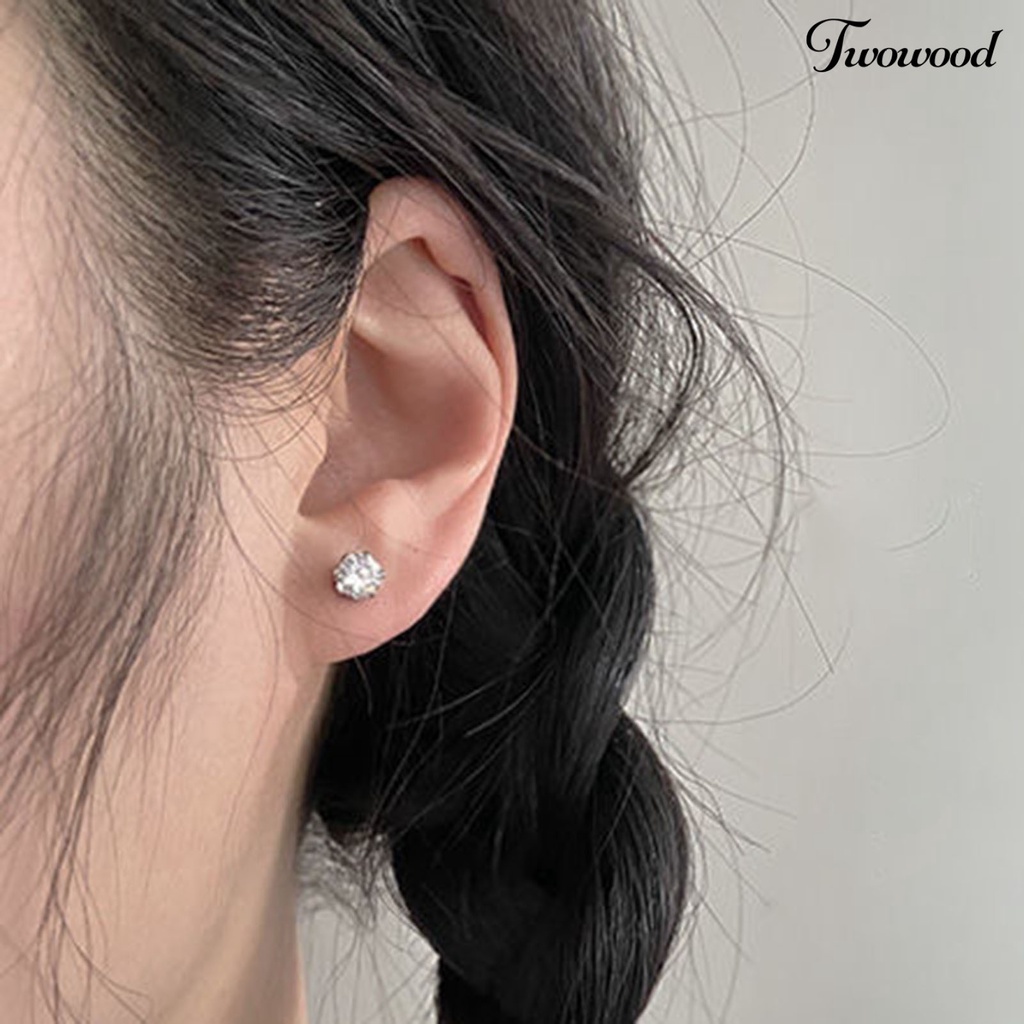 4 Pcs Anting Klip Telinga Bentuk Bulat Bahan Cubic Zirconia Gaya Korea