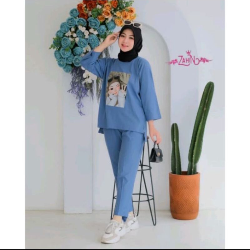 setelan crinkle sablon airflow flowy terviral 2023 / one set oversize XXL ld 110 bahan crinkle