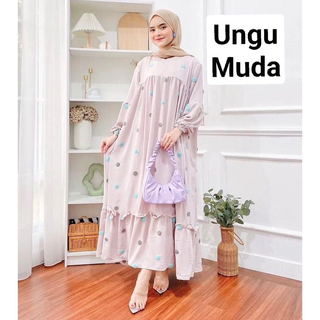 Pom Pom Bordir Gamis Wanita Crinkle Airflow Premium Dress Wanita Lengan Balon Karet Baju Wanita Muslim Kekinian LD 115 cm