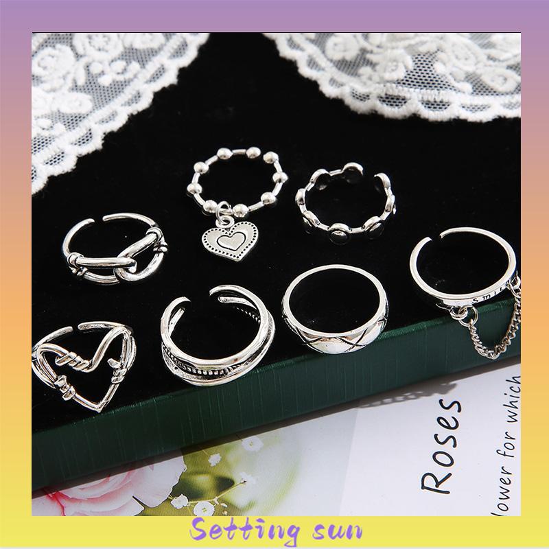 7Pcs/Set Perhiasan Cincin Rantai Cinta Fashion Korea Vintage Adjustable Gaya Untuk Wanita TN