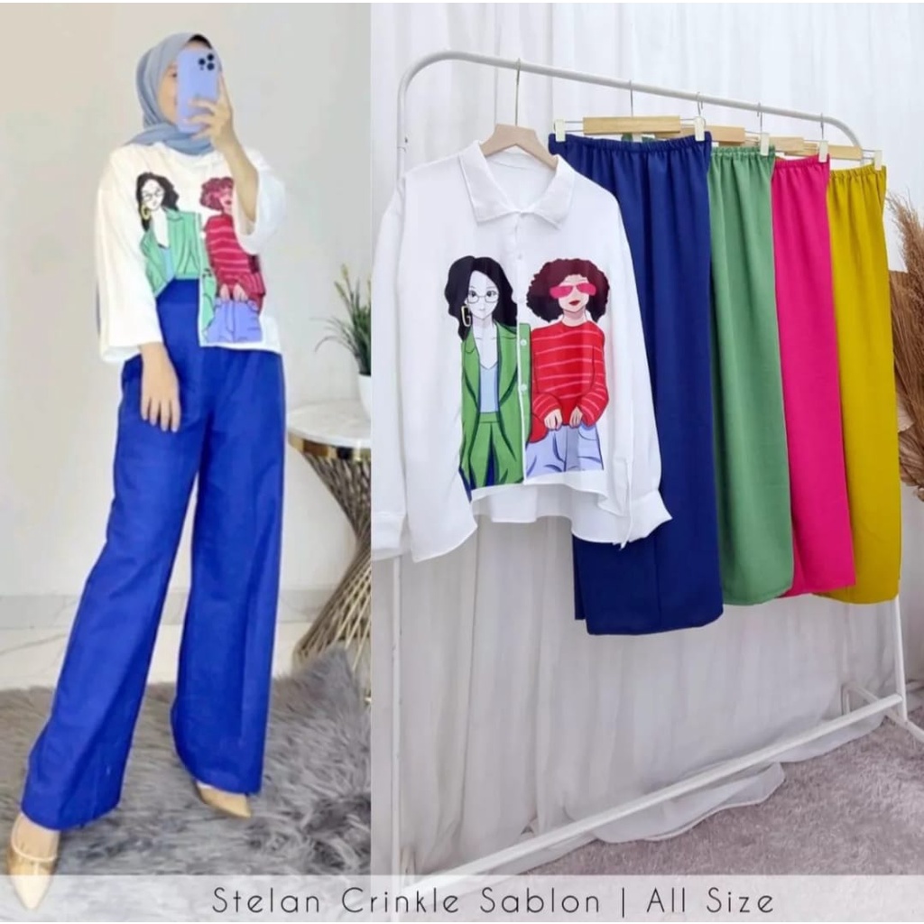 SET ANIMEE KEMEJA CROP SABLON WOMEN CRINKEL AIR FLOW