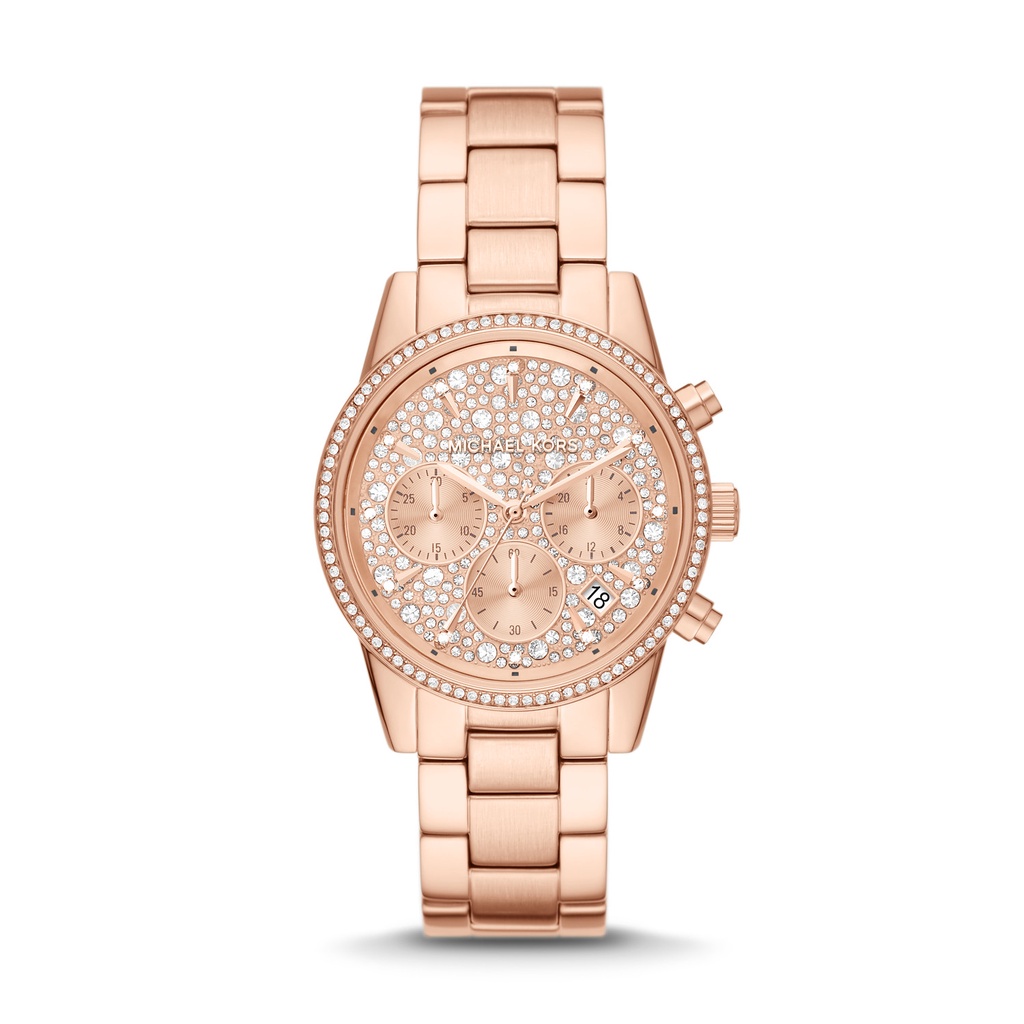 Michael Kors Ritz Rose Gold Pave Round Jam Wanita 37MM MK7302