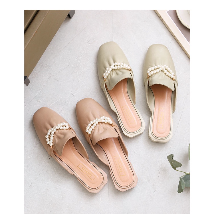 Gobra ♕ SA029 Sandal Wanita Mutiara Trend Flat Fashion Kasual Simple Sendal Wanita Import