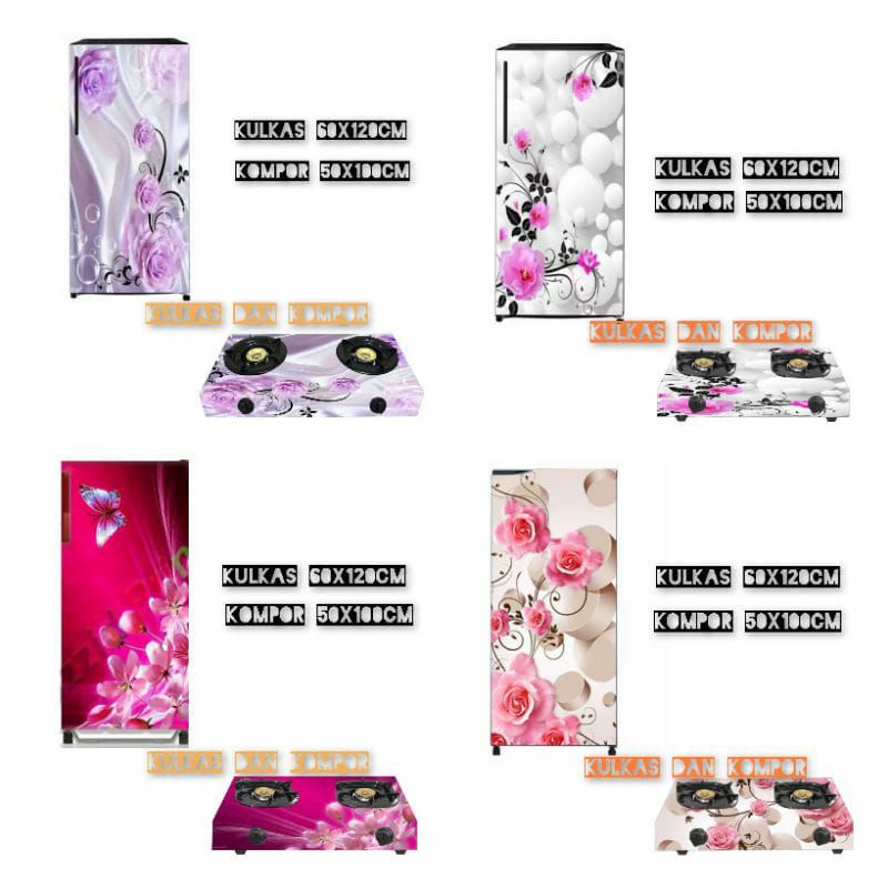 WALLPAPER STIKER KULKAS 1 PINTU DAN KOMPOR MOTIF KEMBANG