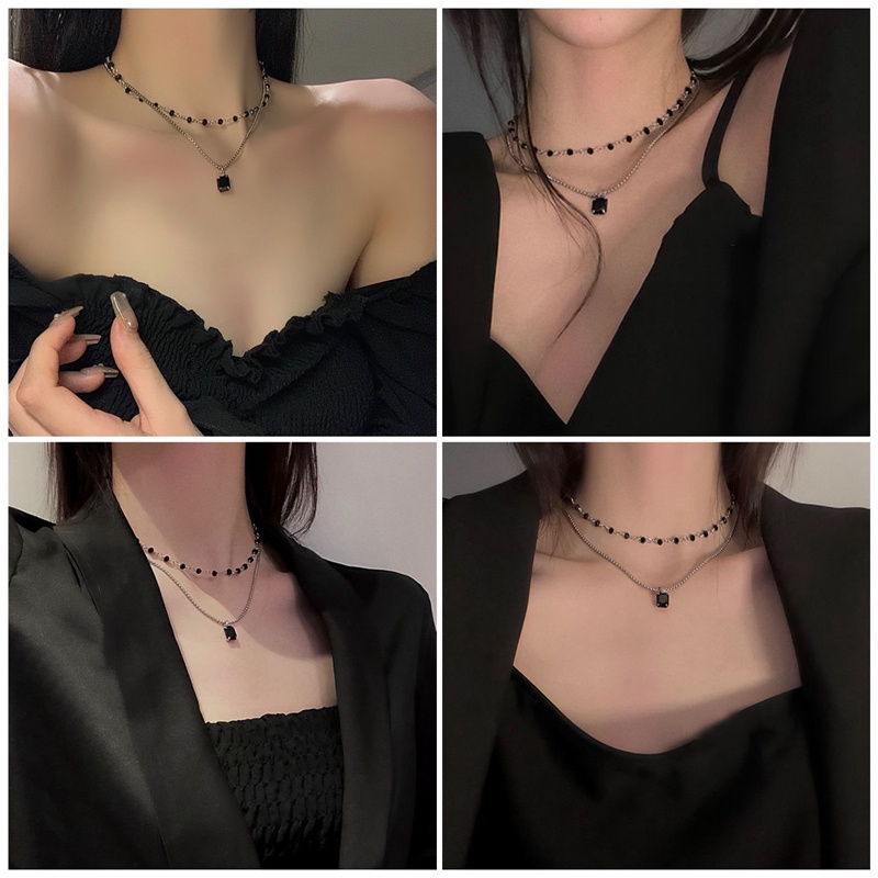 Fancyqube Kalung Choker Manik-Manik Geometris Lapisan Ganda Warna Silver Untuk Wanita