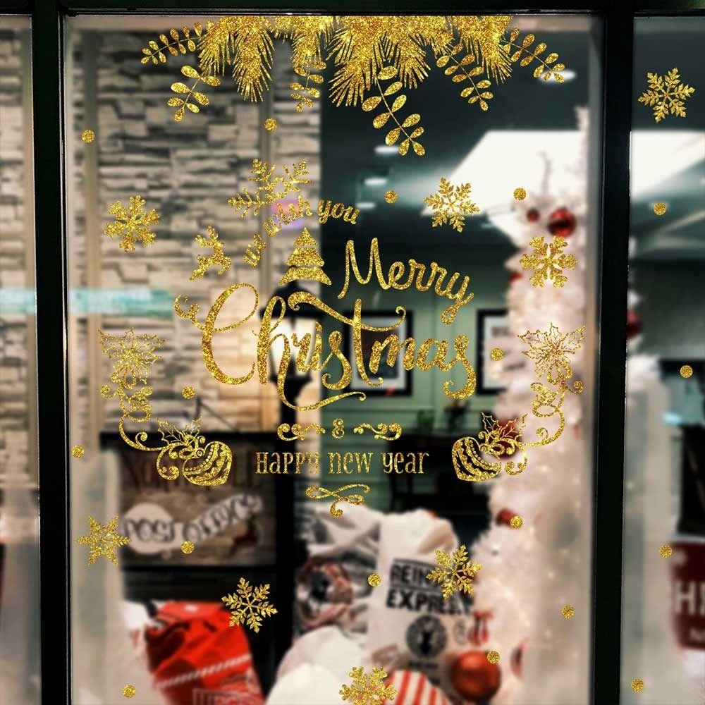 R-flower Merry Christmas Stiker Perlengkapan Pesta Happy New Year Santa Clause Snowman Statis Menempel