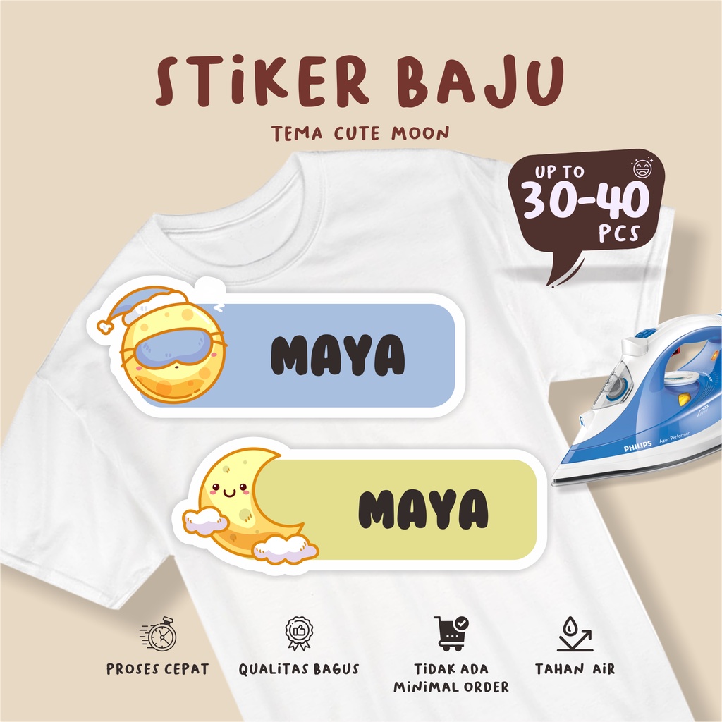 

(30-40pcs) Label Dtf stiker Baju Nama Anak tema \ CUTE MOON / Sablon Setrika Name /Label Sticker Iron on sticker a/