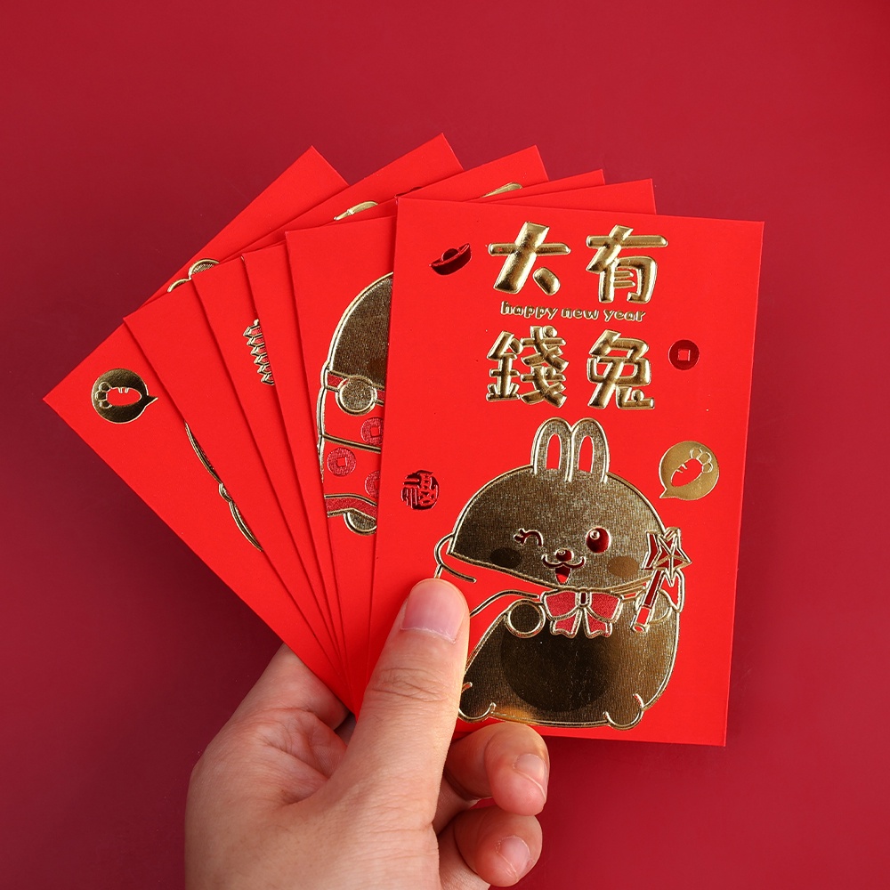 6 Pcs / Set 2023 Amplop Angpao Tahun Baru Cina / Imlek Motif Kartun Kelinci Warna Merah