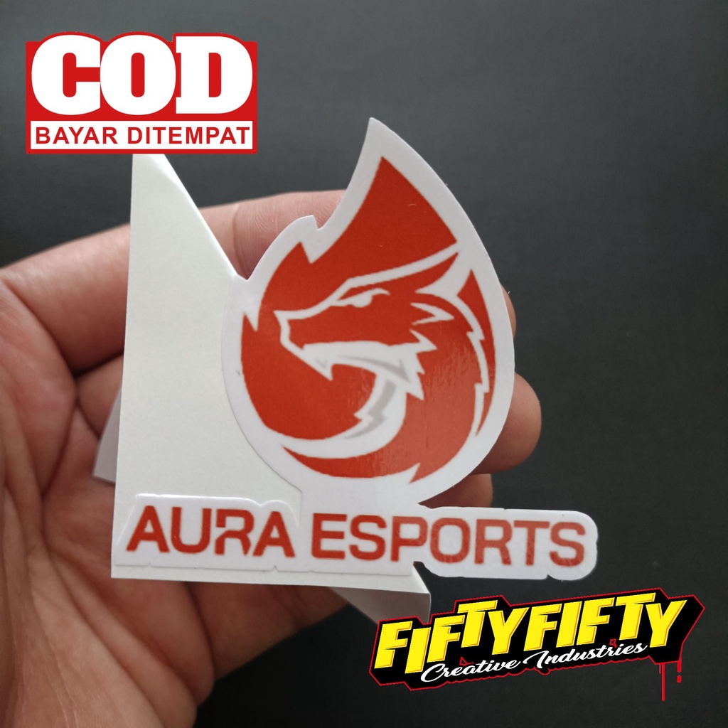 Stiker Print Cut AURA ESPORT Stiker Printing Laminasi Glossy Stiker Motor Mobil Helm Sudah Membentuk Pola Desain