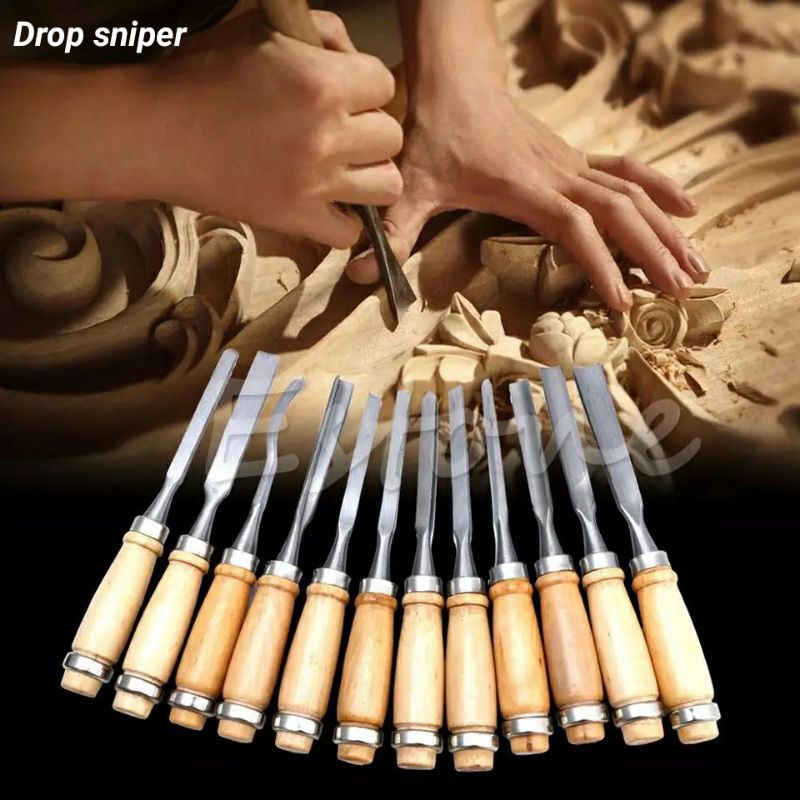 ISI 12pcs Pisau Pahat Kayu Bubut Kayu Alat Ukir Tatah Kayu