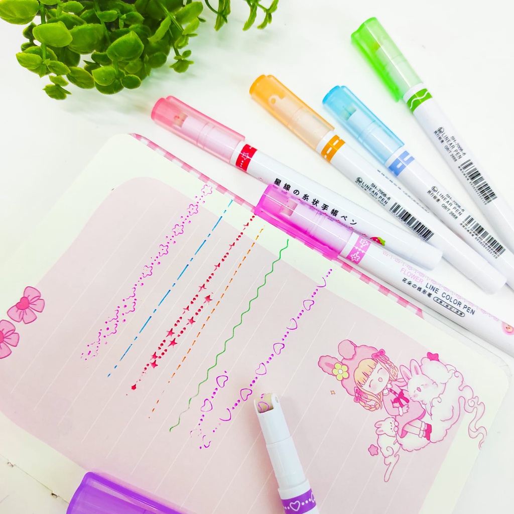 STABILO LINEAR COLOR PEN BERMOTIF 1 BOX DAPAT 6 PCS KODE SH-7008-6 ALAT TULIS UNIK MURAH HIGHLIGHTER PASTEL WARNA WARNI