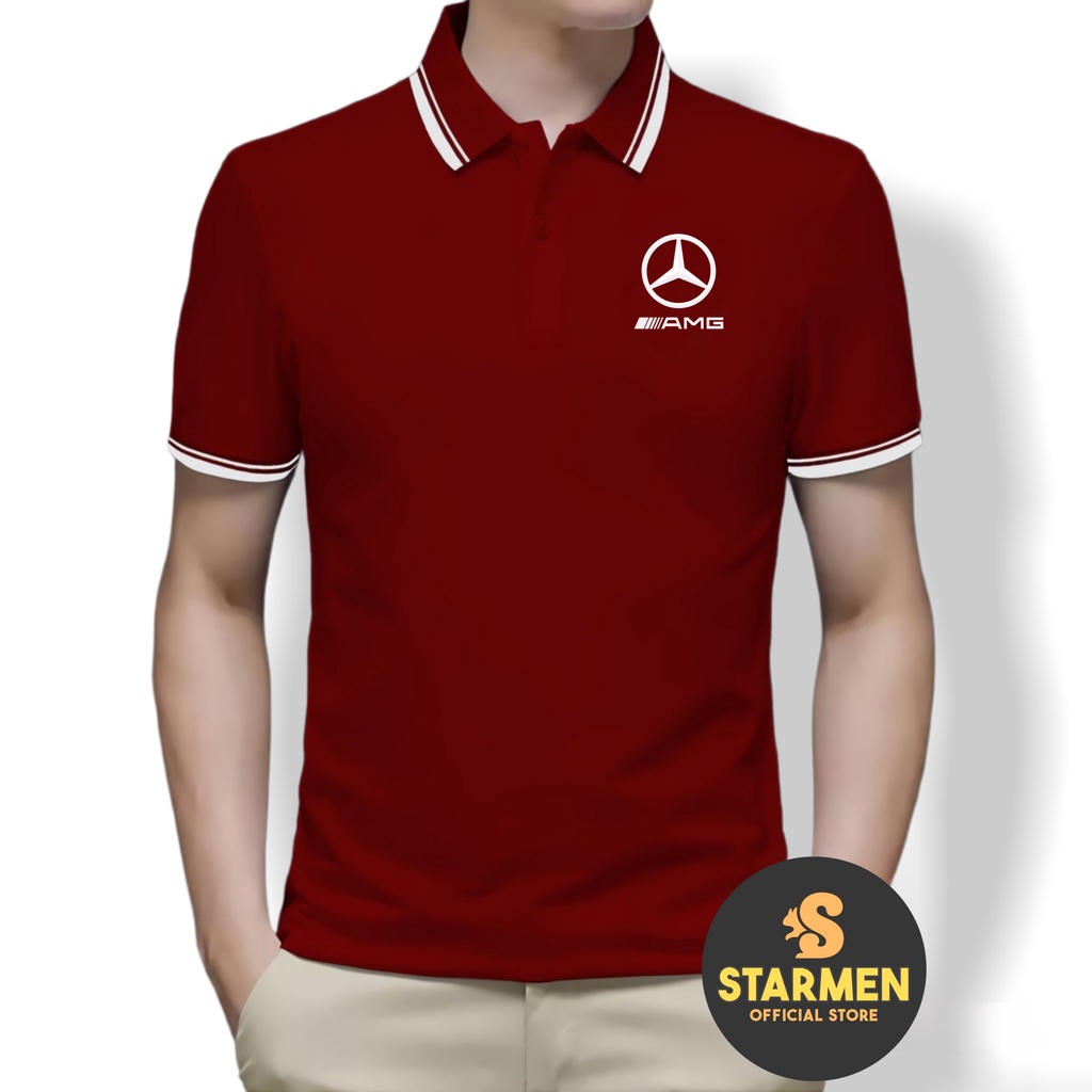 Kaos Polo Shirt Pria Kerah List Putih logo AMG