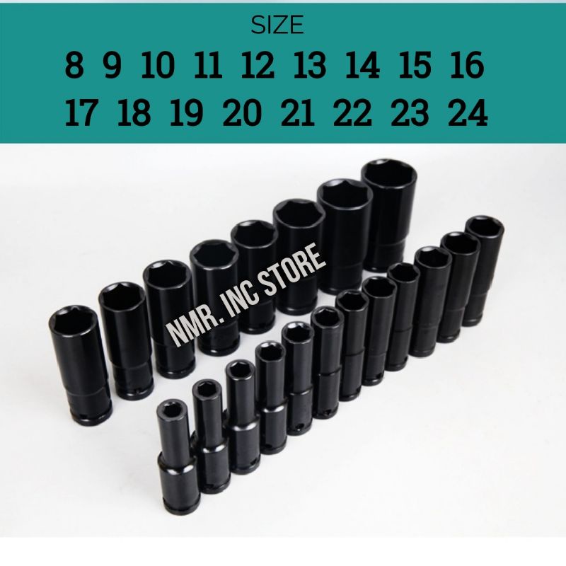 Mata Kunci Shock Impact Hitam Socket 1/2 Deep Wall Panjang, Sok, Sock