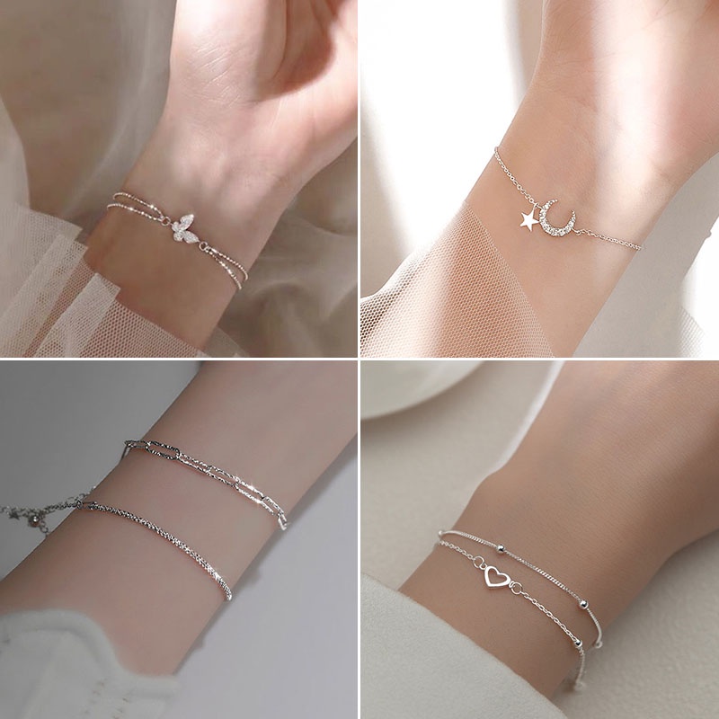 Perhiasan Gelang s925 Silver Bentuk Bintang Hati Gaya Korea Untuk Hadiah Wanita