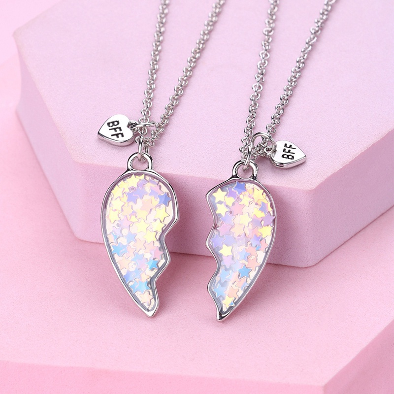 Fancyqube 2pcs / Set Kalung Rantai Liontin Bentuk Hati Dan Bintang Aksen Payet Untuk Teman