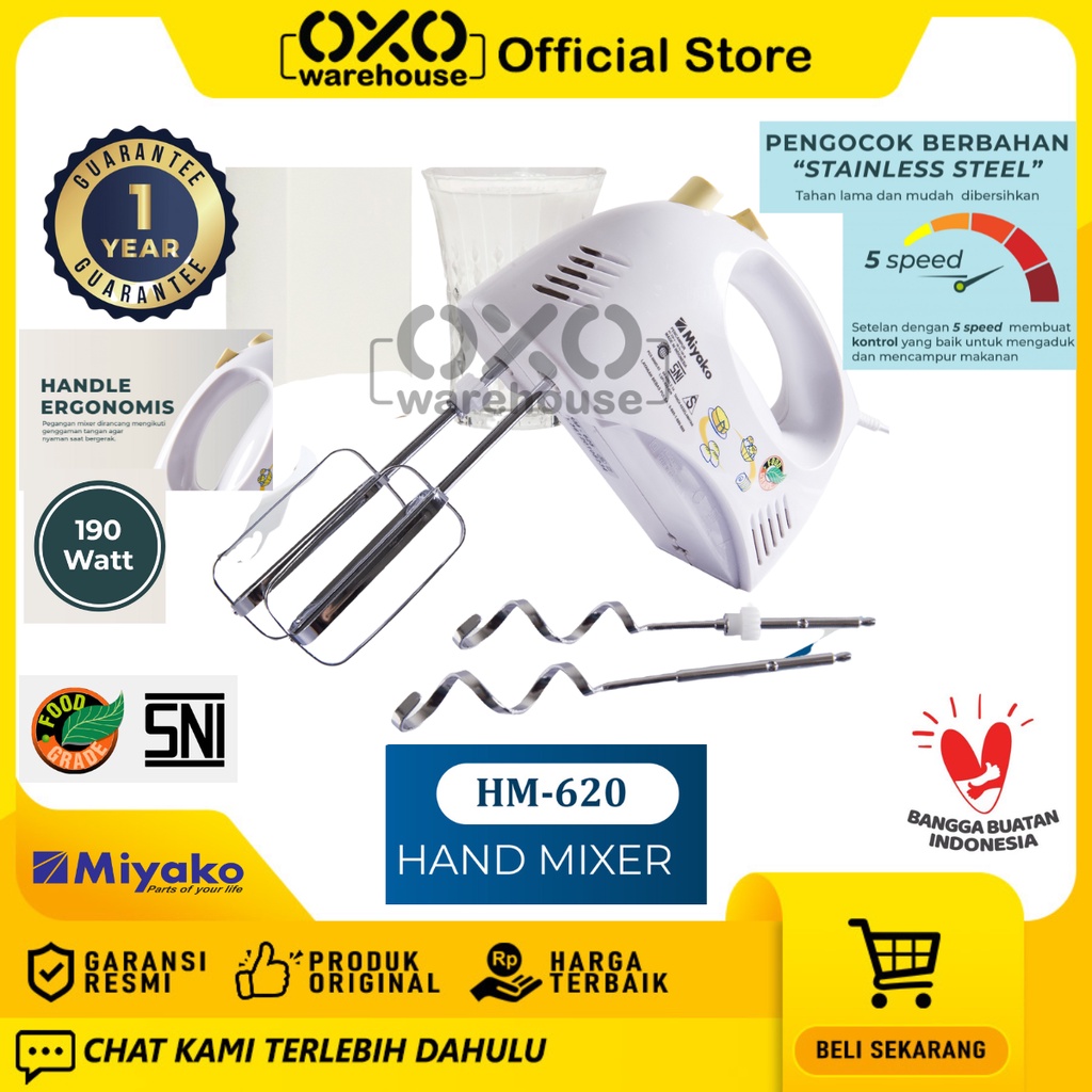 MIYAKO Hand Mixer HM-620 Food Grade stainless steel Mikser Tangan Garansi Resmi