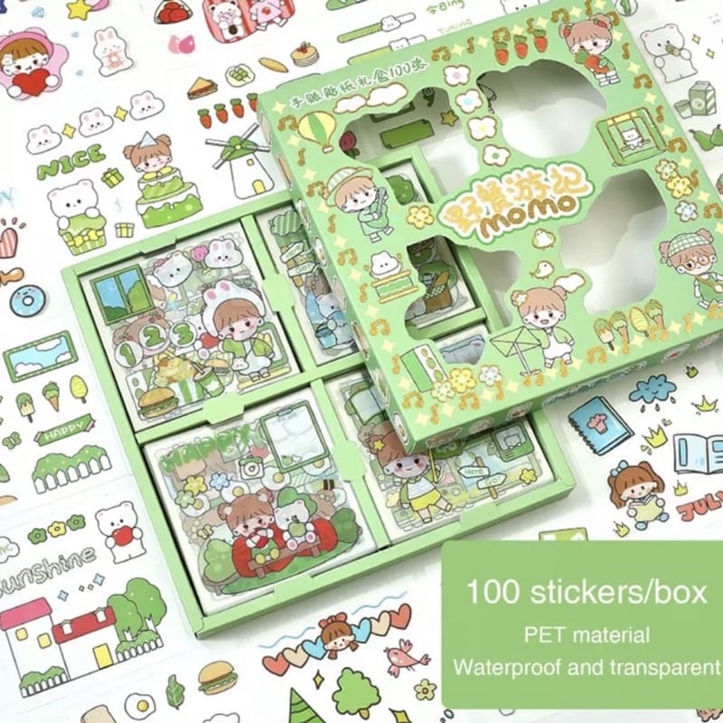 (JY )  1 BOX ISI 100PCS  STIKER 2D STICKER BOTOL MINUM 2D PLASTIK ANTI AIR / BUKU DIARY STIKER MOTIF / STICKER ANTI AIR