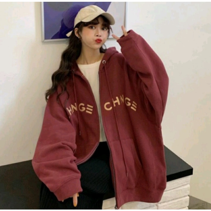 Jacket Bigsize Sweater CHANGE ZIPPER 2XL Atasan Hoodie Oversize Pria Wanita Bahan Cutton Fleece Fashion Korean Kekinian Kasual Modern