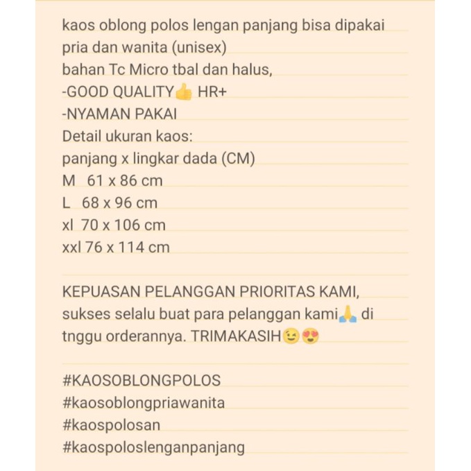 kaos oblong polos pria wanita lengan panjang uk M L XL XXL