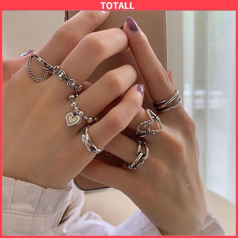 COD 7Pcs/Set Perhiasan Cincin Rantai Cinta Fashion Korea Vintage Adjustable Gaya Untuk Wanita-Totall