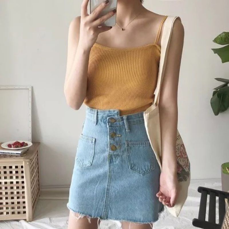 Korean Squaer Neck  Knit Tangtop Rajut Top