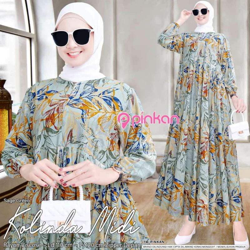 Jual Midi Dress Rayon Motif Kolinda Midi Dress Kekinian Modern Terbaru