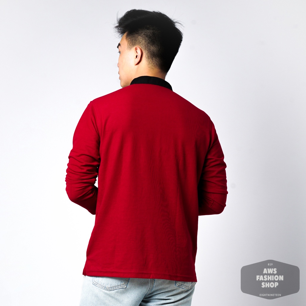 819 Kaos Polo Pria Polo Shirt Kerah Shanghai Lengan Panjang Warna Merah Maroon Red Casual Tersedia Ready Sampai Size JUMBO BIG SIZE XXL XXXL