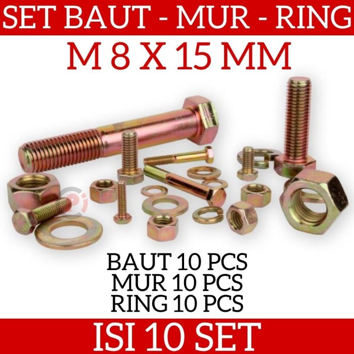 Isi 10 Set Paket Baut Mur Ring M8 x 15mm ( 8MM x 15 mm ) Kunci 12